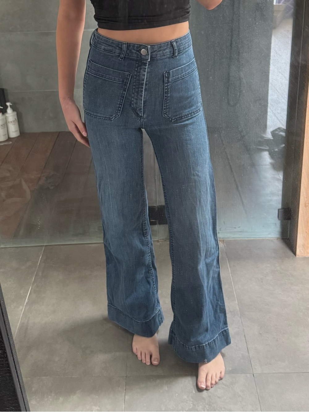 H&M High-Rise Wide-Leg Jeans in Dark Blue Denim